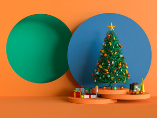 Christmas tree and gifts in the studio room. 3D render.