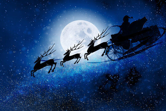 Santa Claus on sleigh with reindeers on night starry sky with full moon. Christmas background. 3D render illustration.