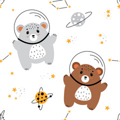 Seamless pattern with bear in space, bear astronaut, bear flying in space, children's illustrations on the theme of space