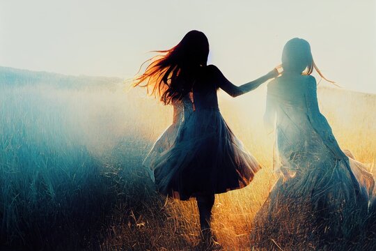 Girl in dress dancing with her silhouette shadow, grass meadow covered by fog and mist, back silhouette, unknown person