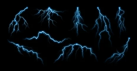 Deurstickers Lightning effect. Night thunderstorm rays, electric power charge and thunder strike isolated vector set © LilVector