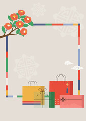 Shopping bags and boxes on Korean traditional background.