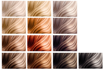 Hair dye shades. Hair color palette with a wide range of swatches showing color swatches arranged in neat rows on a postcard. Printing. A set of hair dyes. Various colors. 