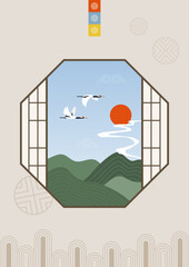 Landscape illustration looking out of a traditional Korean window.