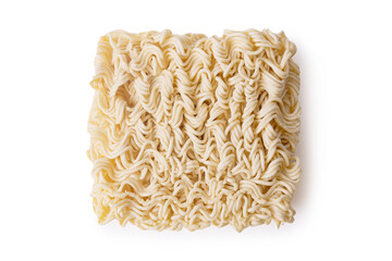 Square dry egg noodles in a briquette isolated on a white background.