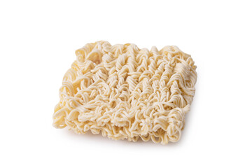 Square dry egg noodles in a briquette isolated on a white background.