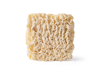 Square dry egg noodles in a briquette isolated on a white background.