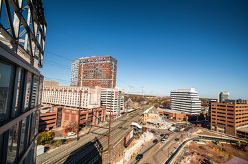 View of Downtown New Brunswick, New Jersey on a clear sunny fall day from above