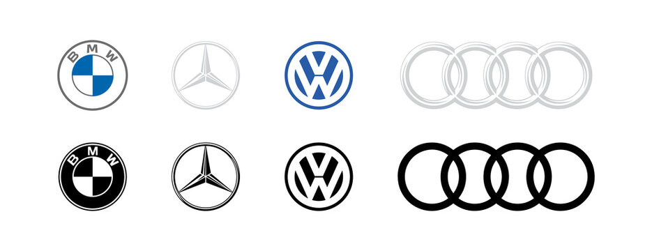 German top company logotype icon set. Audi editorial emblem. Auto brand logo illustration. Bmw symbol. Mercedes logo. Volkswagen logotype symbol in vector flat style.