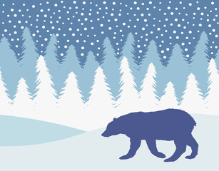 Vector flat bear silhouette isolated on winter landscape