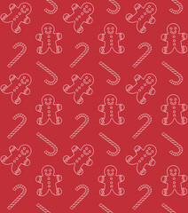 Vector seamless pattern of flat outline ginger bread cookie and mint sweet isolated on red background
