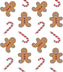 Vector seamless pattern of flat Christmas ginger bread man and mint candies isolated on white background
