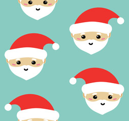 Vector seamless pattern of flat Christmas Santa Claus face isolated on mint background