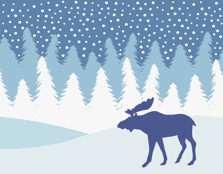 Vector flat moose silhouette isolated on winter landscape