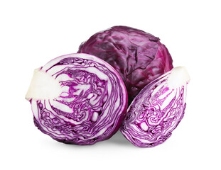 Whole and cut red cabbages on white background