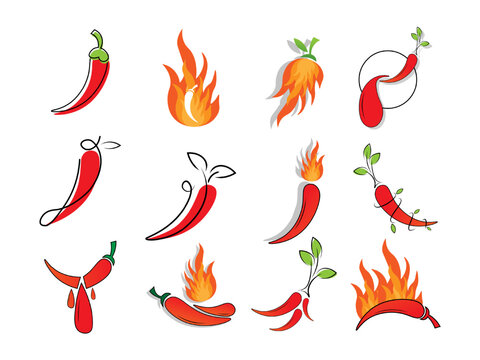 Spicy hot chili illustration for hot spicy food mascot logo brand design set