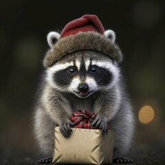 Fototapeta premium A raccoon in the spirit of the New Year and Christmas, Hand-edited generative AI 