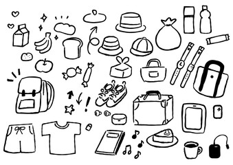 手描き風　ガーリーな旅行のアイテム　カバンやガジェット、ファッション、おやつ