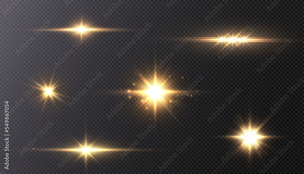 Poster set of light effects bright glowing light isolated on transparent background. solar flare with rays 