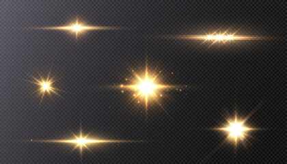 Set of light effects bright glowing light isolated on transparent background. Solar flare with rays and glare. Glow effect. Starburst with shimmering sparkles.