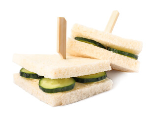 Tasty fresh cucumber sandwiches on white background
