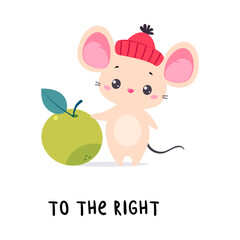 Little Mouse Standing to the Right of Apple as English Language Preposition for Educational Activity Vector Illustration