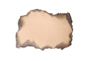 Piece of brown paper with dark burnt borders on white background, top view. Space for text