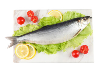 Board with salted herring, slices of lemon, lettuce and cherry tomatoes isolated on white, top view
