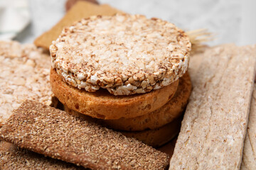 Rye crispbreads, rice cakes and rusks, closeup