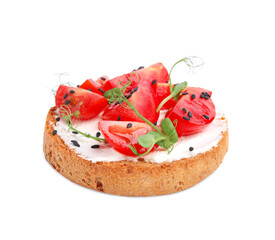 Tasty rusk with cream cheese, fresh tomatoes and black sesame seeds isolated on white