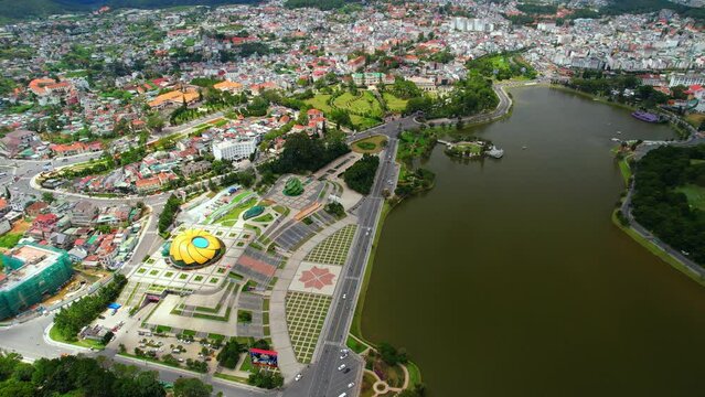 Aerial panorama view of Sunflower Building at Lam Vien Square in Da Lat City. Tourist city in developed Vietnam. Center Square of Da Lat city with Xuan Huong lake.
