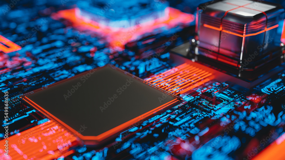 Poster abstract circuit board selective focus. red with blue that represents the heat in operation. can be 
