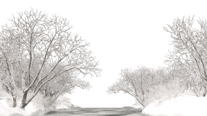 Winter trees surrounded frozen lake landscape