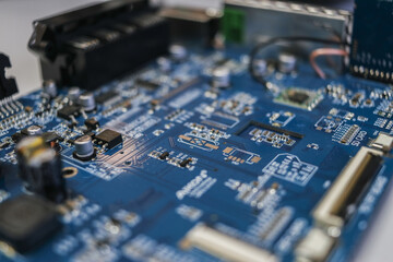 Fototapeta na wymiar Electronic circuit boards with resistors, capacitors and transistors.