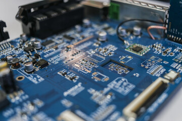 Fototapeta na wymiar Electronic circuit boards with resistors, capacitors and transistors.