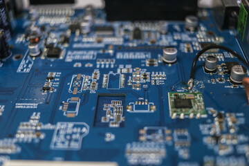 Electronic circuit boards with resistors, capacitors and transistors.
