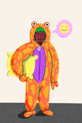 Person has fun wearing frog pajamas