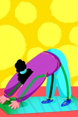 Young woman does yoga at home