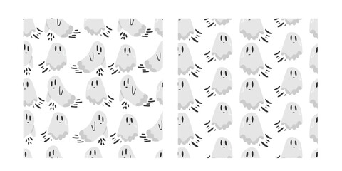 Fototapeta na wymiar Childish Halloween seamless pattern. Halloween vector pattern with cartoon cute ghosts on white background. Perfect for Halloween party, card, event, stickers, wallpaper etc.