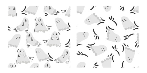 Childish Halloween seamless pattern. Halloween vector pattern with cartoon cute ghosts on white background. Perfect for Halloween party, card, event, stickers, wallpaper etc.