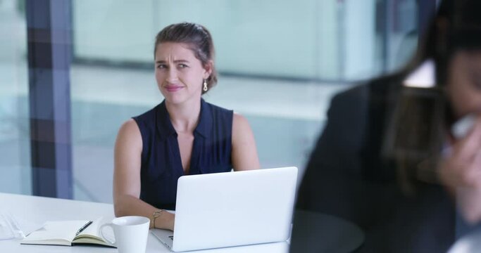 Covid, Sick And Annoyed With A Business Woman Blowing Her Nose In An Office While Her Colleague Looks On In Disgust. Tissue, Sneeze And Worried With A Female Employee And Coworker During Corona Virus