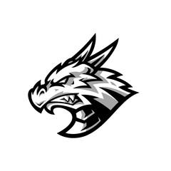 Black and white dragon mascot logo design. Dragon head cartoon illustration