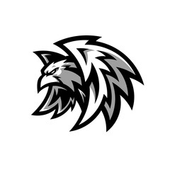 Black and white flying bird mascot logo design. Cartoon bird wing illustration