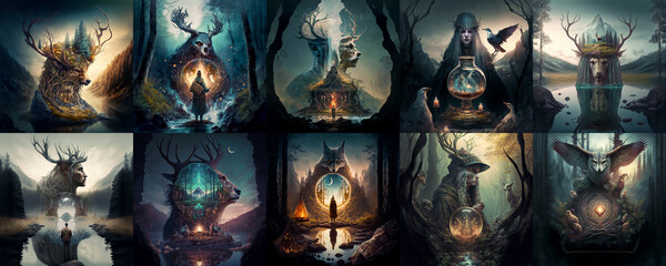 wilderness, forest, dark fantasy, black magic, animals, spirits, digital illustration