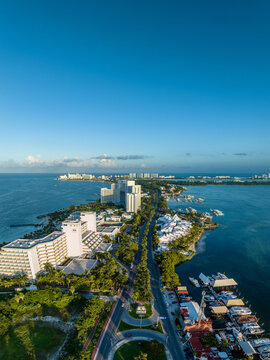 Aerial view of the beautiful coastline of Cancun, Mexico. Hotel zone. Sunset.
