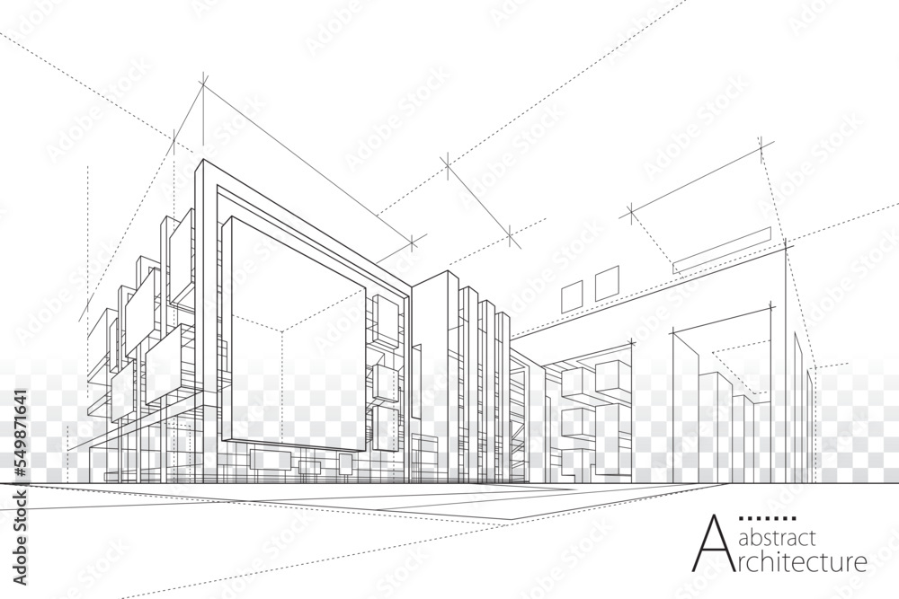 Aufkleber 3D illustration abstract modern urban building out-line black and white drawing of imagination architecture building construction perspective design. 