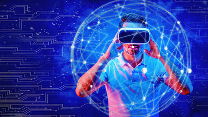 abstract digital circle symbol overlay with blured man wearing 3d goggle headset in concept of cyberspace with virtual reality world