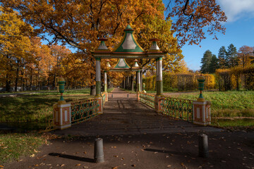 View of the Small Chinese Bridge in the Alexander Park of Tsarskoye Selo on a sunny autumn day, Pushkin, St. Petersburg, Russia