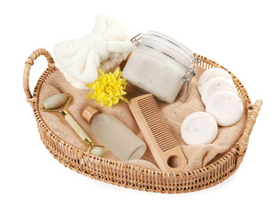 Fototapeta na wymiar Spa gift set with different products in wicker basket on white background
