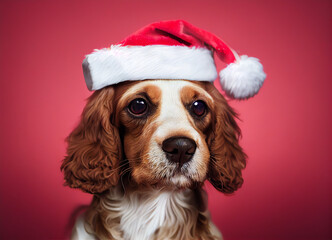 English Cocker Spaniel Dog wearing a Santa Hat, Christmas isolated on red background -- Adorable Dog wearing Christmas Hat for the Holiday Season
